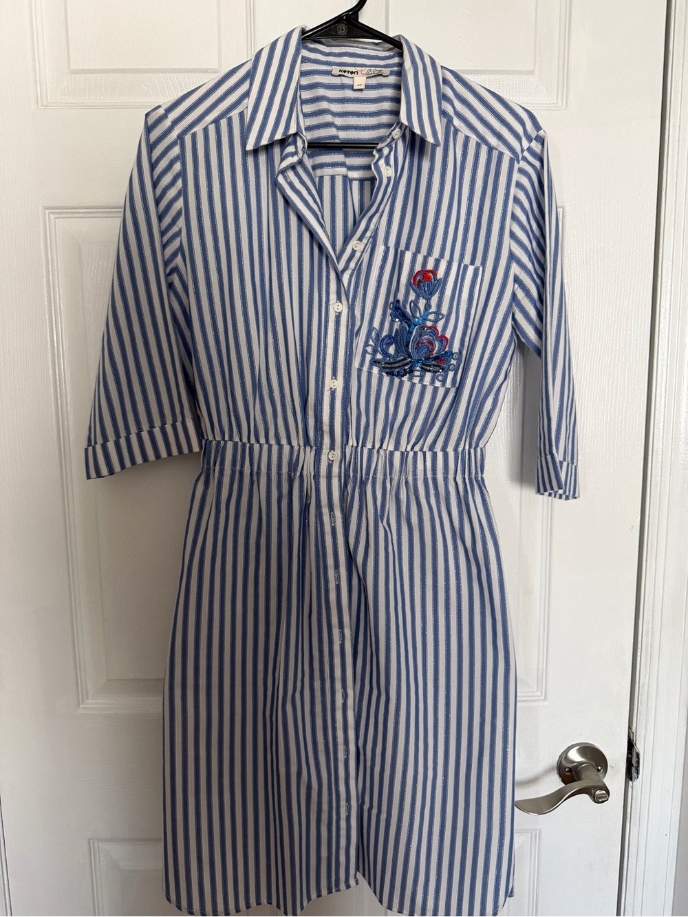 Striped Shirt Dress with Embroidered Pocket - Blue/White